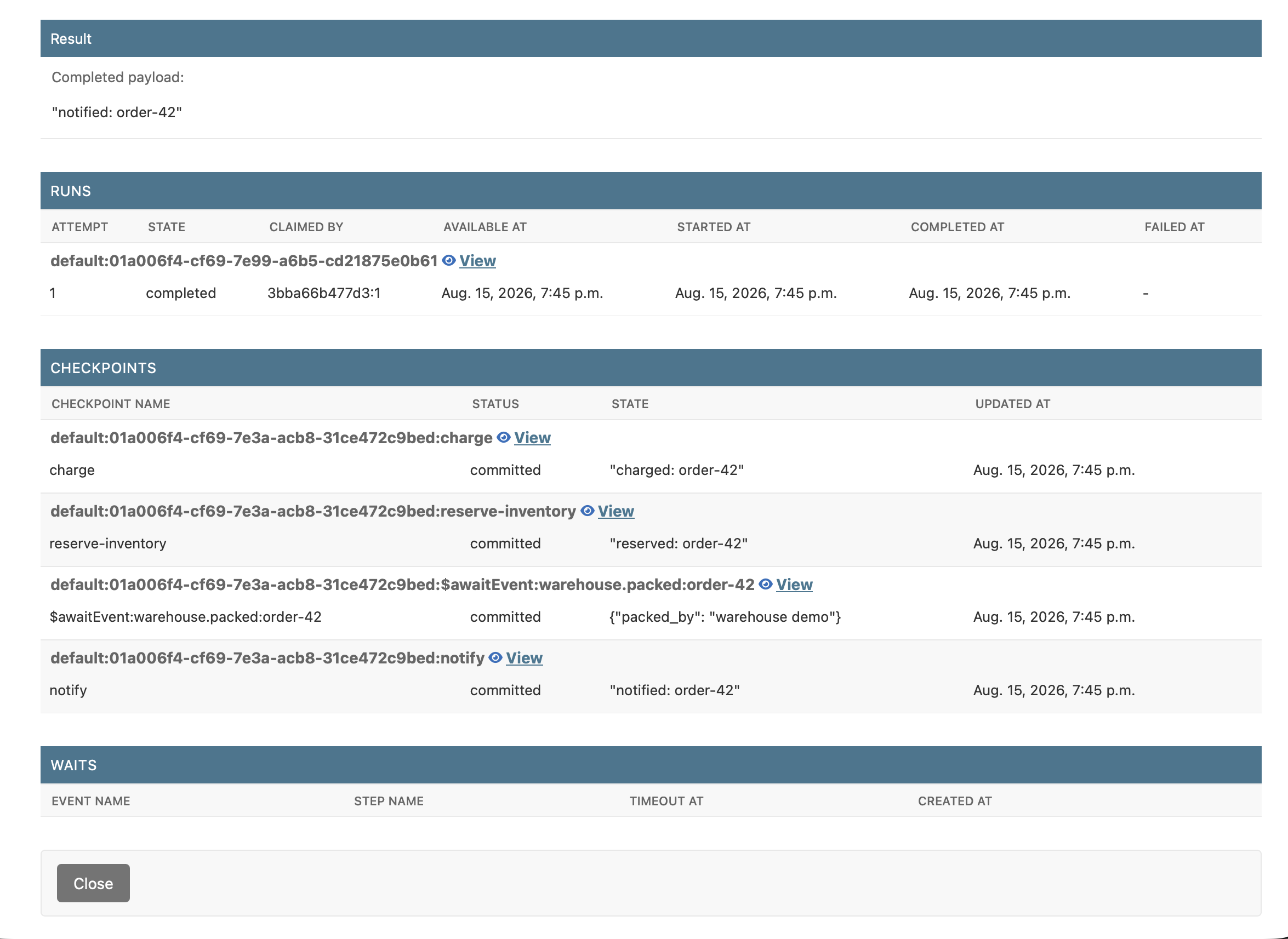 A task's page, with its runs, checkpoints, and waits inline