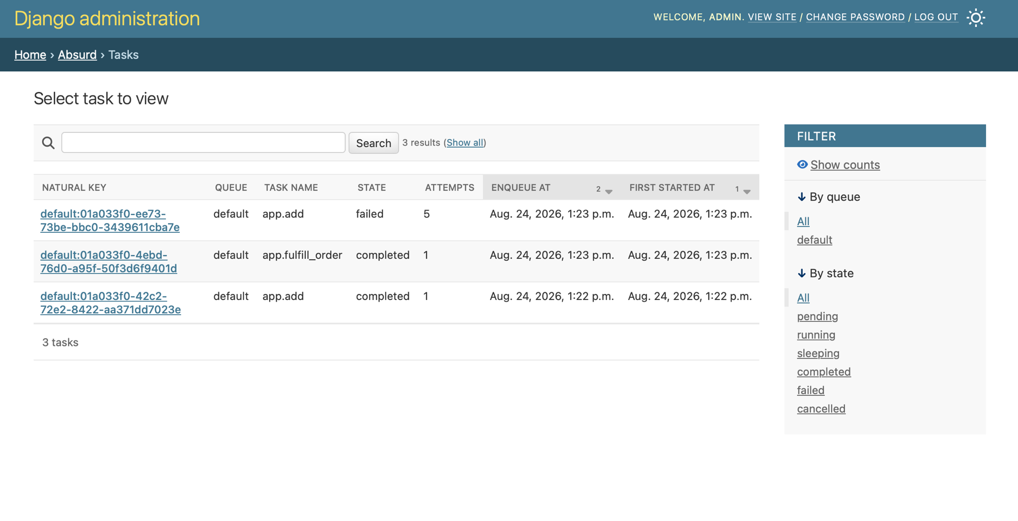 The Tasks changelist, filtered by queue and state