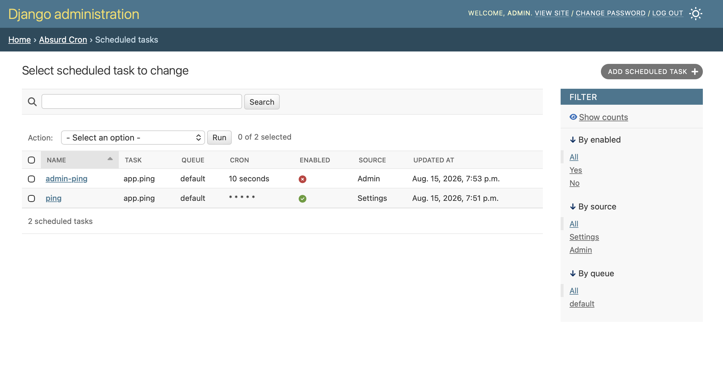 Scheduled tasks: one declared in settings, one authored in the admin